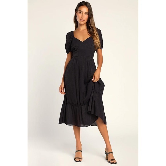 Lulus Dresses & Skirts - Simply a Sensation Navy Blue Puff Sleeve Midi Dress - NWT